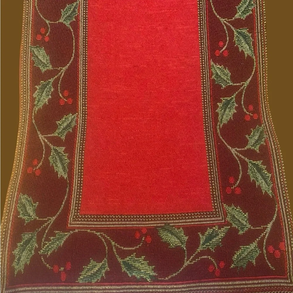 Textured woven Festive Red Table Runner with Holly Design